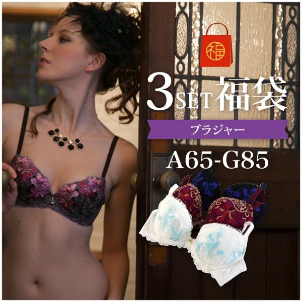 ワイヤーブラジャー 3点セット　福袋華やかなレースをあしらったブラックなどダークな色から白・ピンクなどが入ったアソートとなります。アンダー65からG90まで、細めアンダーやグラマーサイズの方へも対応。■サイズ：A65／A70／A75／A80...