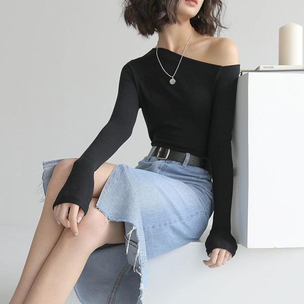 レディース 肩出し 肩見せ ロングTシャツ アシンメトリー ロンT シンプル 長袖 無地 カットソー 夏 春 トップス カジュアル キュート 大人 可愛い フェミニン おしゃれ お出かけ 普段着 デイリー ブラック ベージュ ホワイト ブラウン 送料無料