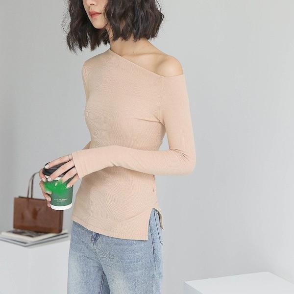 レディース 肩出し 肩見せ ロングTシャツ アシンメトリー ロンT シンプル 長袖 無地 カットソー 夏 春 トップス カジュアル キュート 大人 可愛い フェミニン おしゃれ お出かけ 普段着 デイリー ブラック ベージュ ホワイト ブラウン 送料無料