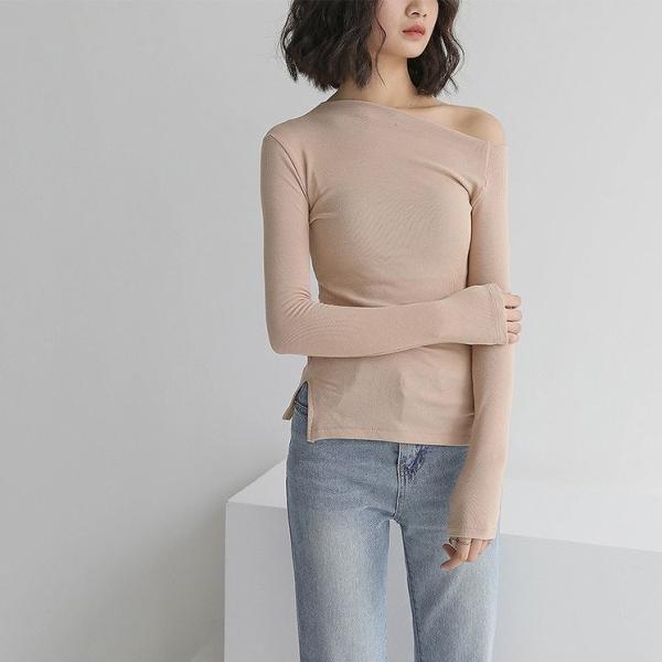 レディース 肩出し 肩見せ ロングTシャツ アシンメトリー ロンT シンプル 長袖 無地 カットソー 夏 春 トップス カジュアル キュート 大人 可愛い フェミニン おしゃれ お出かけ 普段着 デイリー ブラック ベージュ ホワイト ブラウン 送料無料