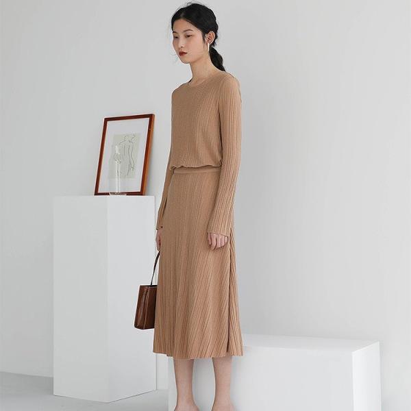 レディース 2点セット 長袖 トップス カットソー ミモレ丈 スカート ボトムス カジュアル キュート 可愛い フェミニン きれいめ 上品 エレガント おしゃれ お出かけ デイリー 普段着 ブラック ブラウン S M サイズ 送料無料