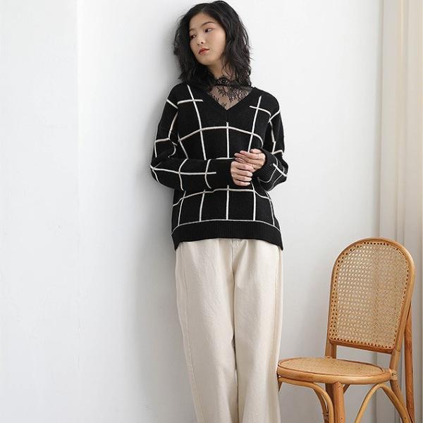 レディース Vネック ニット セーター カットソー チェック柄 長袖 トップス カジュアル キュート 大人 可愛い フェミニン おしゃれ お出かけ オフィス デイリー 普段着 ベージュ ブラック ブラウン フリーサイズ ワンサイズ 送料無料