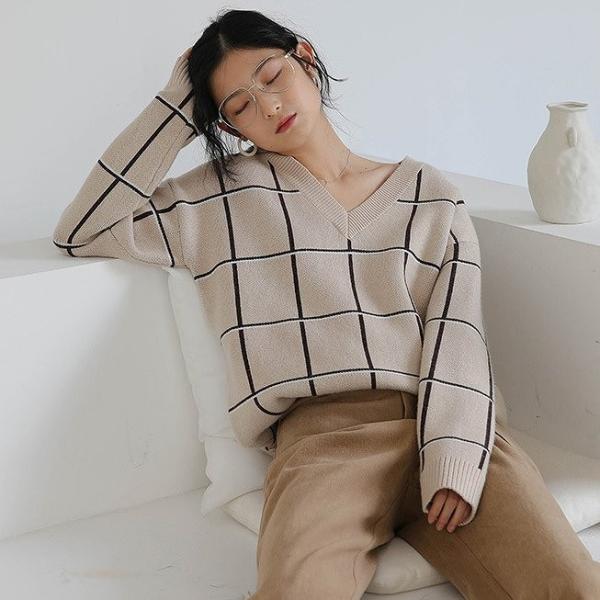 レディース Vネック ニット セーター カットソー チェック柄 長袖 トップス カジュアル キュート 大人 可愛い フェミニン おしゃれ お出かけ オフィス デイリー 普段着 ベージュ ブラック ブラウン フリーサイズ ワンサイズ 送料無料