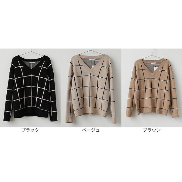 レディース Vネック ニット セーター カットソー チェック柄 長袖 トップス カジュアル キュート 大人 可愛い フェミニン おしゃれ お出かけ オフィス デイリー 普段着 ベージュ ブラック ブラウン フリーサイズ ワンサイズ 送料無料