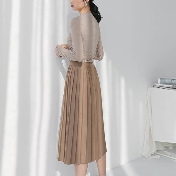 レディース プリーツスカート ハイウエスト ミモレ丈 無地 シンプル ボトムス カジュアル キュート 大人 可愛い フェミニン きれいめ おしゃれ お出かけ デイリー 二次会 お呼ばれ カーキ ベージュ S M L サイズ 送料無料