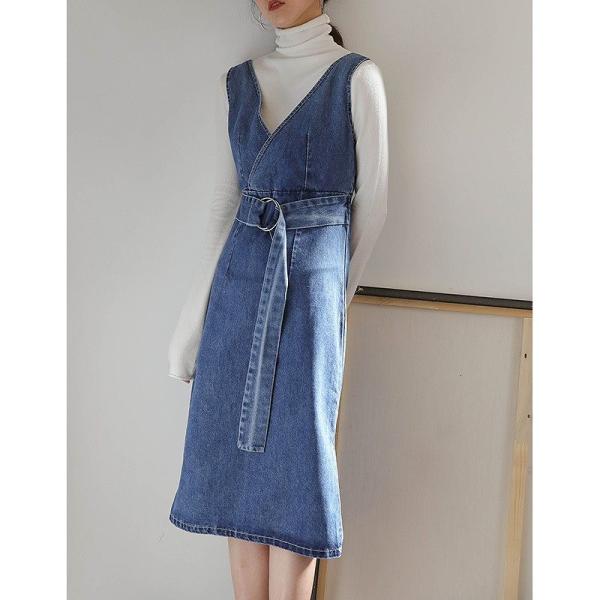 レディース Vネック ワンピース デニム 腰紐 ミディ丈 ひざ下丈 シンプル 春 夏 スカート カジュアル キュート 可愛い フェミニン きれいめ 上品 エレガント おしゃれ お出かけ お呼ばれ ブルー XS S M サイズ 送料無料