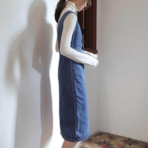 レディース Vネック ワンピース デニム 腰紐 ミディ丈 ひざ下丈 シンプル 春 夏 スカート カジュアル キュート 可愛い フェミニン きれいめ 上品 エレガント おしゃれ お出かけ お呼ばれ ブルー XS S M サイズ 送料無料