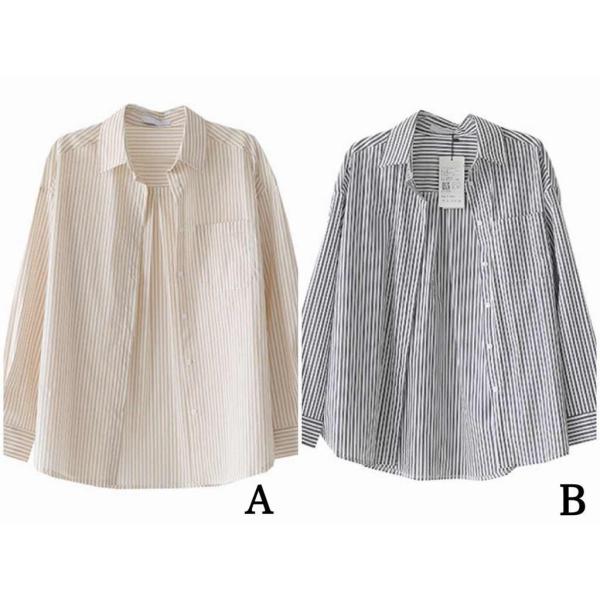 レディース ストライプシャツ ブラウス 長袖 シャツ シンプル 春 夏 トップス カジュアル キュート 可愛い フェミニン きれいめ 上品 エレガント おしゃれ お出かけ オフィス デート デイリー ベージュ ブルー フリーサイズ 送料無料
