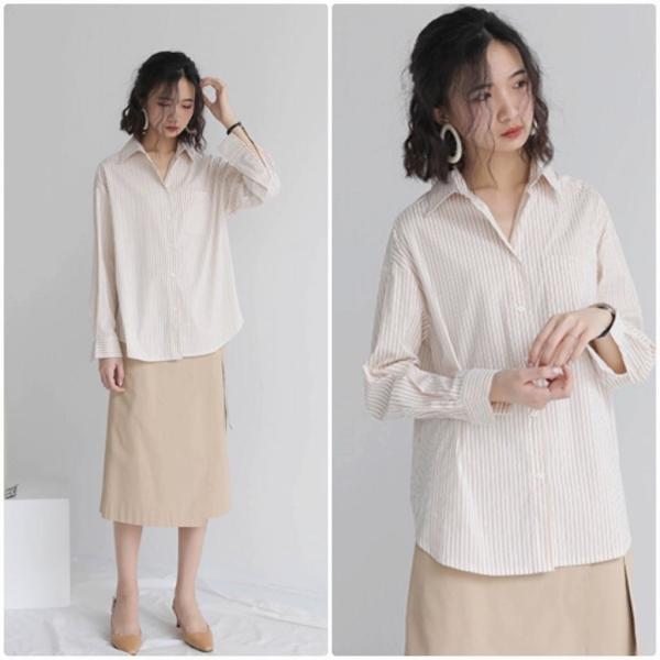 レディース ストライプシャツ ブラウス 長袖 シャツ シンプル 春 夏 トップス カジュアル キュート 可愛い フェミニン きれいめ 上品 エレガント おしゃれ お出かけ オフィス デート デイリー ベージュ ブルー フリーサイズ 送料無料