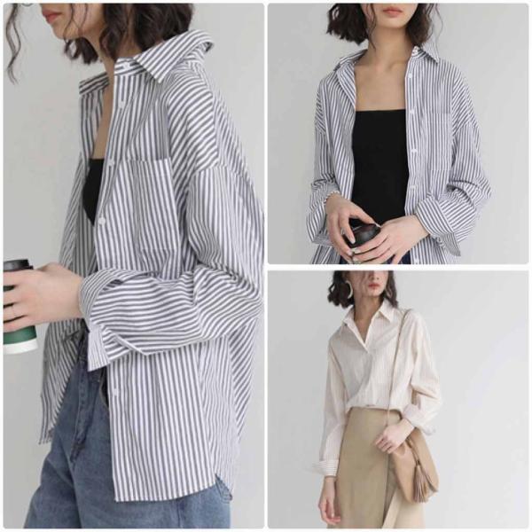 レディース ストライプシャツ ブラウス 長袖 シャツ シンプル 春 夏 トップス カジュアル キュート 可愛い フェミニン きれいめ 上品 エレガント おしゃれ お出かけ オフィス デート デイリー ベージュ ブルー フリーサイズ 送料無料