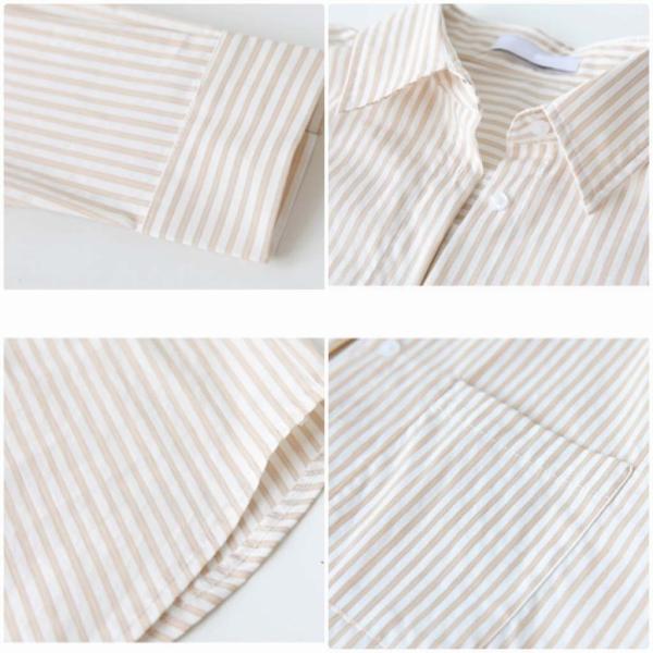 レディース ストライプシャツ ブラウス 長袖 シャツ シンプル 春 夏 トップス カジュアル キュート 可愛い フェミニン きれいめ 上品 エレガント おしゃれ お出かけ オフィス デート デイリー ベージュ ブルー フリーサイズ 送料無料