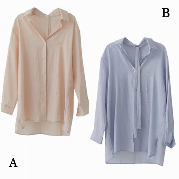 レディース ロング丈 ブラウス 長袖 シャツ ベルト付き シンプル 春 夏 トップス カジュアル キュート 可愛い フェミニン きれいめ 上品 エレガント おしゃれ お出かけ オフィス デート デイリー ベージュ ブルー フリーサイズ 送料無料