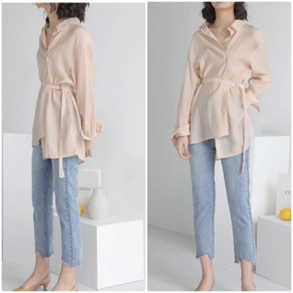 レディース ロング丈 ブラウス 長袖 シャツ ベルト付き シンプル 春 夏 トップス カジュアル キュート 可愛い フェミニン きれいめ 上品 エレガント おしゃれ お出かけ オフィス デート デイリー ベージュ ブルー フリーサイズ 送料無料