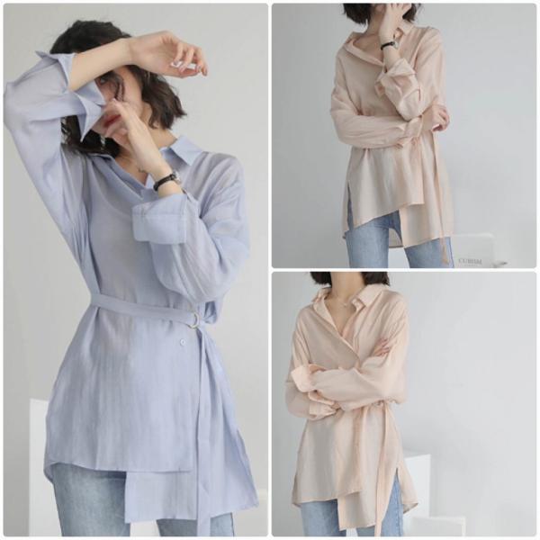 レディース ロング丈 ブラウス 長袖 シャツ ベルト付き シンプル 春 夏 トップス カジュアル キュート 可愛い フェミニン きれいめ 上品 エレガント おしゃれ お出かけ オフィス デート デイリー ベージュ ブルー フリーサイズ 送料無料