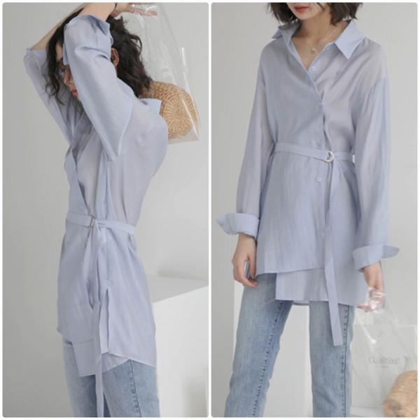レディース ロング丈 ブラウス 長袖 シャツ ベルト付き シンプル 春 夏 トップス カジュアル キュート 可愛い フェミニン きれいめ 上品 エレガント おしゃれ お出かけ オフィス デート デイリー ベージュ ブルー フリーサイズ 送料無料