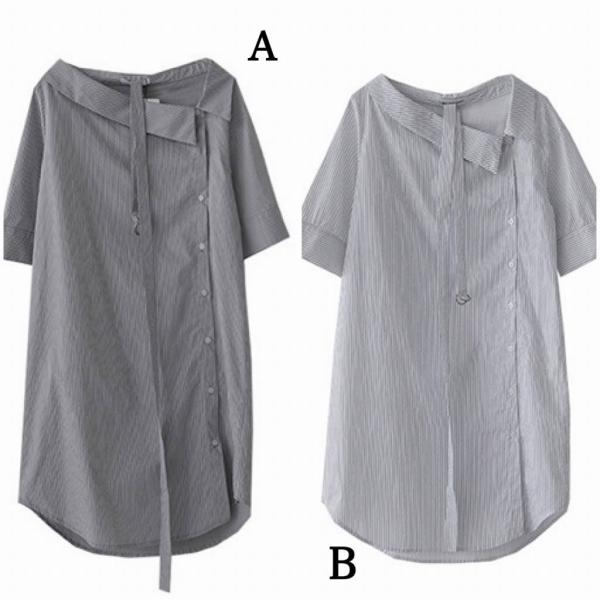 レディース ワンピース ストライプ 五分袖 ミディ丈 ひざ下丈 アシンメトリー 腰紐 春 夏 スカート カジュアル キュート 可愛い フェミニン きれいめ 上品 エレガント おしゃれ お出かけ お呼ばれ グレー ホワイト フリーサイズ 送料無料