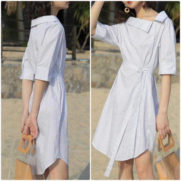 レディース ワンピース ストライプ 五分袖 ミディ丈 ひざ下丈 アシンメトリー 腰紐 春 夏 スカート カジュアル キュート 可愛い フェミニン きれいめ 上品 エレガント おしゃれ お出かけ お呼ばれ グレー ホワイト フリーサイズ 送料無料