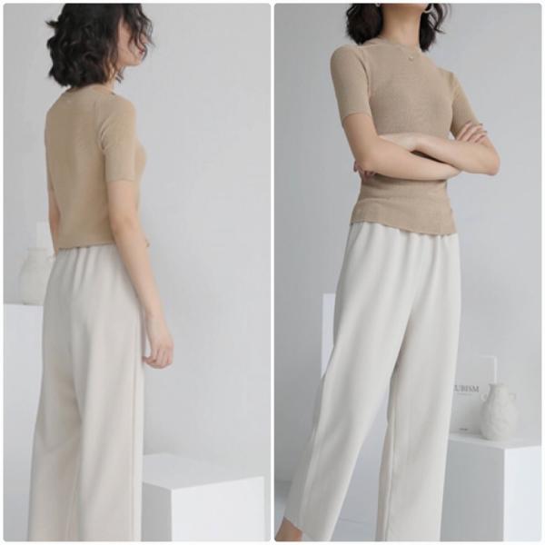 レディース ニット セーター カットソー 半袖 タイト スリム トップス カジュアル キュート 大人 可愛い フェミニン おしゃれ お出かけ オフィス デイリー 普段着 ベージュ ブラック ピンク フリーサイズ ワンサイズ 送料無料