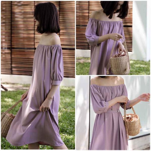 レディース 肩出し 肩見せ オフショルダー ワンピース ディ丈 ひざ下丈 春 夏 スカート カジュアル キュート 可愛い フェミニン きれいめ 上品 エレガント おしゃれ お出かけ お呼ばれ パープル グリーン ブルー イエロー フリーサイズ 送料無料