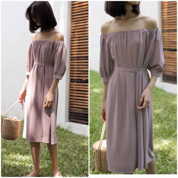 レディース 肩出し 肩見せ オフショルダー ワンピース ディ丈 ひざ下丈 春 夏 スカート カジュアル キュート 可愛い フェミニン きれいめ 上品 エレガント おしゃれ お出かけ お呼ばれ パープル グリーン ブルー イエロー フリーサイズ 送料無料