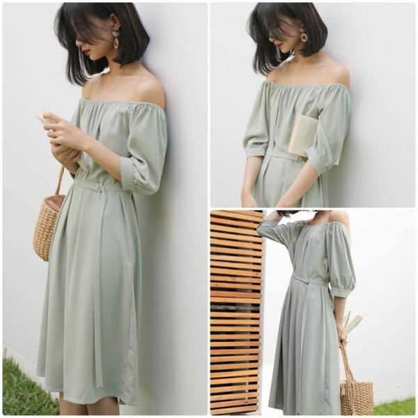 レディース 肩出し 肩見せ オフショルダー ワンピース ディ丈 ひざ下丈 春 夏 スカート カジュアル キュート 可愛い フェミニン きれいめ 上品 エレガント おしゃれ お出かけ お呼ばれ パープル グリーン ブルー イエロー フリーサイズ 送料無料