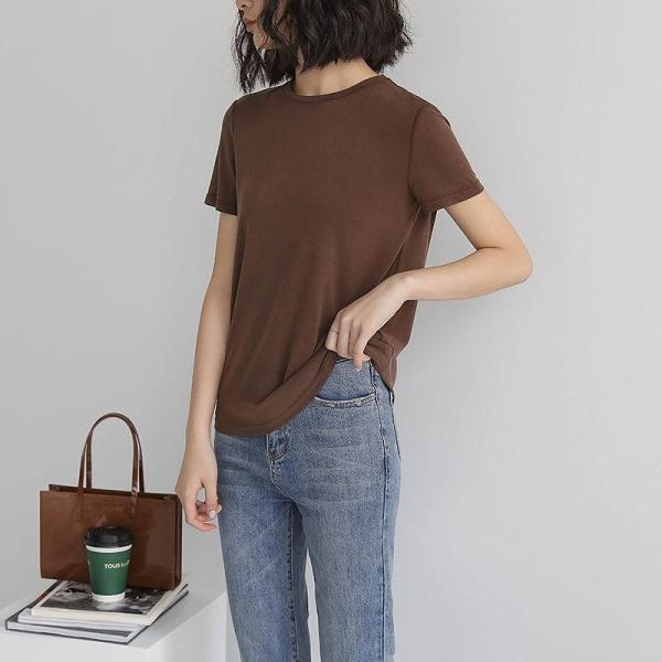 レディース Tシャツ クルーネック ソリッドカラー 無地 シンプル 半袖 夏 春 クルーネック トップス カジュアル キュート 大人 可愛い フェミニン おしゃれ お出かけ 普段着 デイリー ブラウン ホワイト ライトブラウン フリーサイズ 送料無料