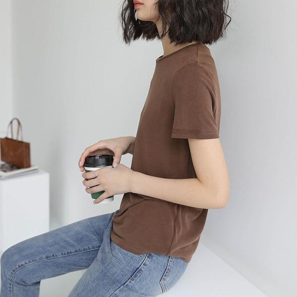 レディース Tシャツ クルーネック ソリッドカラー 無地 シンプル 半袖 夏 春 クルーネック トップス カジュアル キュート 大人 可愛い フェミニン おしゃれ お出かけ 普段着 デイリー ブラウン ホワイト ライトブラウン フリーサイズ 送料無料