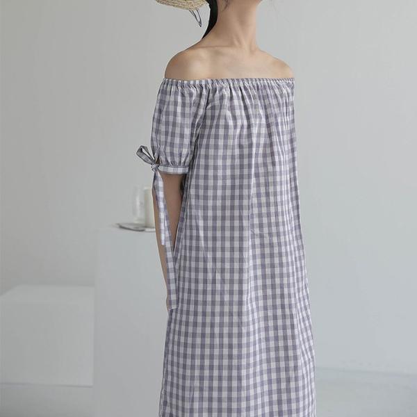 レディース 肩出し 肩見せ オフショルダー ワンピース ひざ上丈 ギンガムチェック柄 春 夏 スカート カジュアル キュート 可愛い フェミニン きれいめ 上品 エレガント おしゃれ お出かけ お呼ばれ パープル ブラック フリーサイズ 送料無料