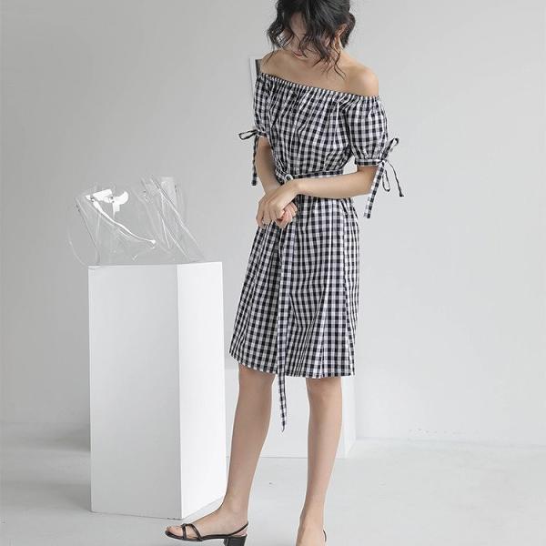 レディース 肩出し 肩見せ オフショルダー ワンピース ひざ上丈 ギンガムチェック柄 春 夏 スカート カジュアル キュート 可愛い フェミニン きれいめ 上品 エレガント おしゃれ お出かけ お呼ばれ パープル ブラック フリーサイズ 送料無料