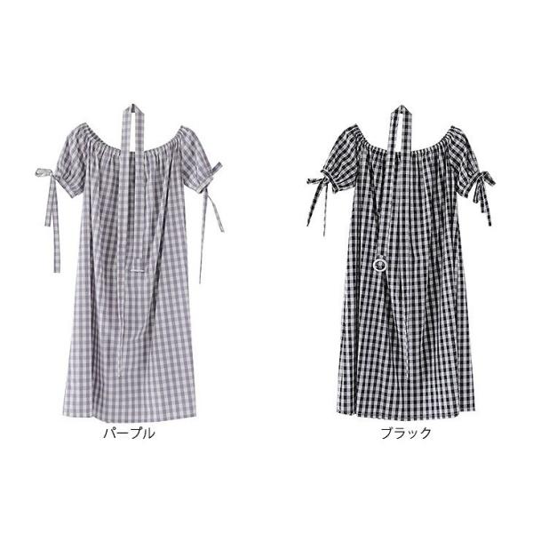 レディース 肩出し 肩見せ オフショルダー ワンピース ひざ上丈 ギンガムチェック柄 春 夏 スカート カジュアル キュート 可愛い フェミニン きれいめ 上品 エレガント おしゃれ お出かけ お呼ばれ パープル ブラック フリーサイズ 送料無料