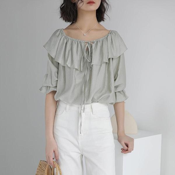 レディース ブラウス フレアスリーブ シャツ 無地 シンプル 春 夏 トップス カジュアル キュート 可愛い フェミニン きれいめ 上品 エレガント おしゃれ お出かけ オフィス デート デイリー グリーン ベージュ ホワイト フリーサイズ 送料無料
