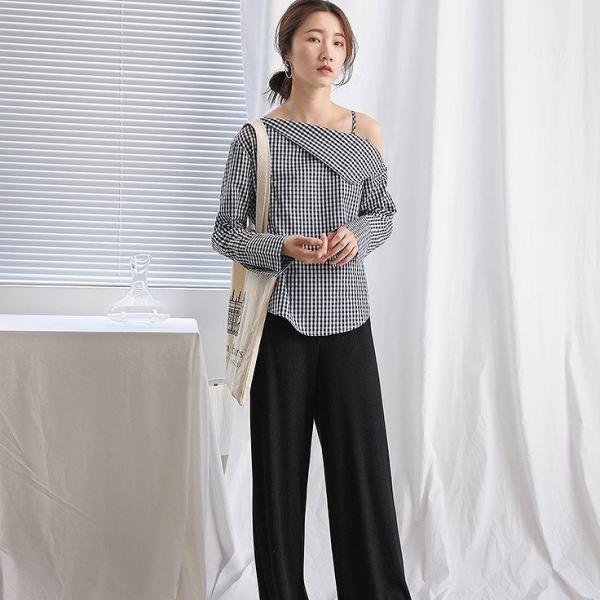レディース 肩出し 肩見せ ブラウス アシンメトリー シャツ チェック柄 長袖 春 夏 トップス カジュアル キュート 可愛い フェミニン きれいめ 上品 エレガント おしゃれ お出かけ デート デイリー ブラック レッド イエロー ホワイト 送料無料