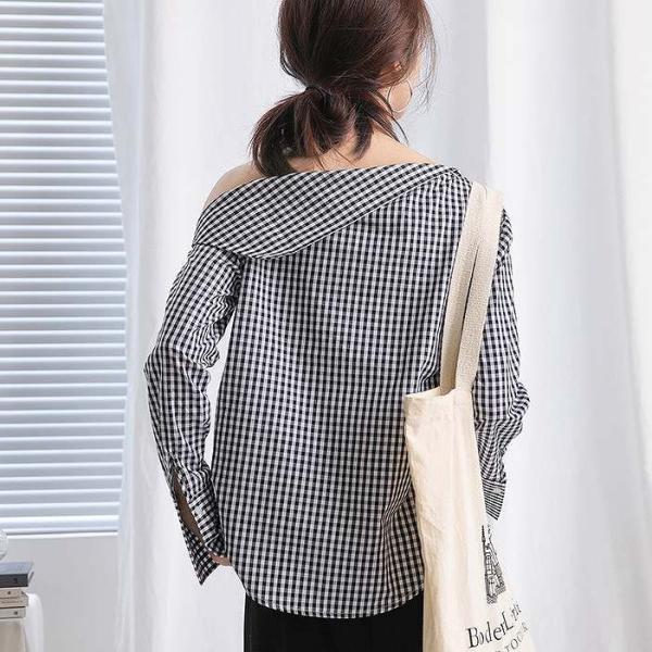 レディース 肩出し 肩見せ ブラウス アシンメトリー シャツ チェック柄 長袖 春 夏 トップス カジュアル キュート 可愛い フェミニン きれいめ 上品 エレガント おしゃれ お出かけ デート デイリー ブラック レッド イエロー ホワイト 送料無料