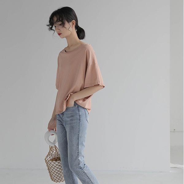 レディース Tシャツ シンプル 半袖 スリット 無地 カットソー 夏 春 トップス カジュアル キュート 大人 可愛い フェミニン おしゃれ お出かけ 普段着 デイリー イエロー ブラック ピンク ホワイト ブルー フリーサイズ 送料無料