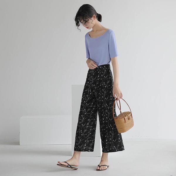 レディース アンクルパンツ ワイドレッグパンツ ハイウエスト 半端丈 クロップド 花柄 ドット ボトムス カジュアル キュート 可愛い フェミニン きれいめ エレガント おしゃれ お出かけ オフィス デイリー 普段着 S M サイズ 送料無料