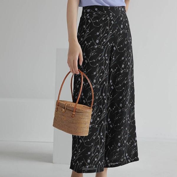 レディース アンクルパンツ ワイドレッグパンツ ハイウエスト 半端丈 クロップド 花柄 ドット ボトムス カジュアル キュート 可愛い フェミニン きれいめ エレガント おしゃれ お出かけ オフィス デイリー 普段着 S M サイズ 送料無料