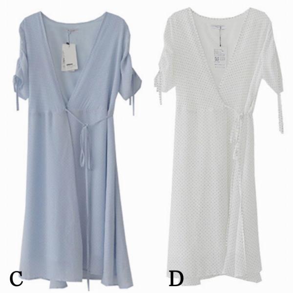 レディース シフォン ワンピース Vネック ドット 水玉 ミディ丈 ひざ下丈 半袖 春 夏 スカート カジュアル キュート 可愛い フェミニン きれいめ 上品 エレガント おしゃれ お出かけ お呼ばれ ブラック ブラウン ホワイト ブルー 送料無料