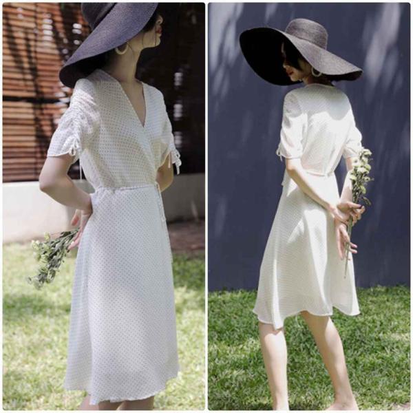 レディース シフォン ワンピース Vネック ドット 水玉 ミディ丈 ひざ下丈 半袖 春 夏 スカート カジュアル キュート 可愛い フェミニン きれいめ 上品 エレガント おしゃれ お出かけ お呼ばれ ブラック ブラウン ホワイト ブルー 送料無料