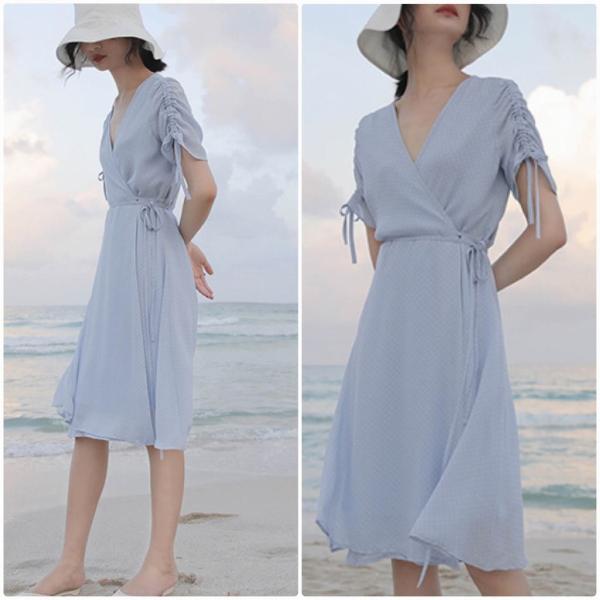 レディース シフォン ワンピース Vネック ドット 水玉 ミディ丈 ひざ下丈 半袖 春 夏 スカート カジュアル キュート 可愛い フェミニン きれいめ 上品 エレガント おしゃれ お出かけ お呼ばれ ブラック ブラウン ホワイト ブルー 送料無料