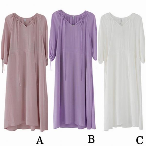 レディース ワンピース ミモレ丈 七分袖 パフスリーブ 春 夏 スカート カジュアル キュート 可愛い フェミニン きれいめ 上品 エレガント おしゃれ お出かけ お呼ばれ ホワイト ピンク パープル フリーサイズ 送料無料