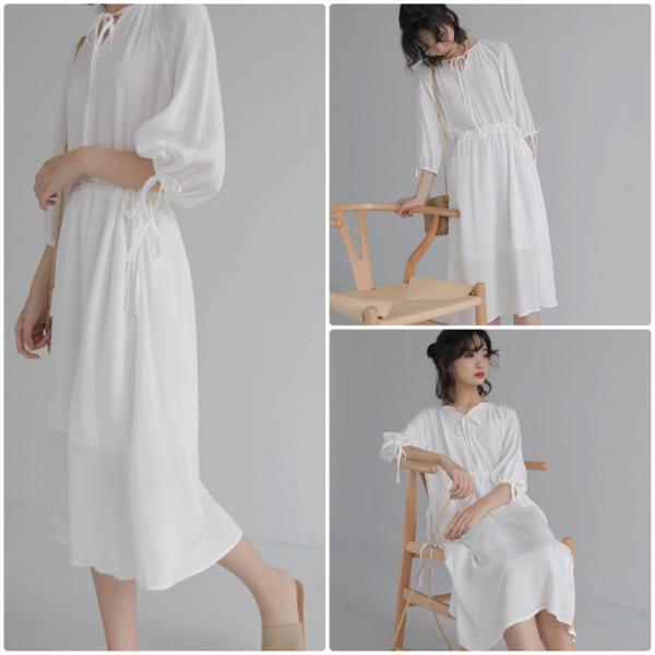 レディース ワンピース ミモレ丈 七分袖 パフスリーブ 春 夏 スカート カジュアル キュート 可愛い フェミニン きれいめ 上品 エレガント おしゃれ お出かけ お呼ばれ ホワイト ピンク パープル フリーサイズ 送料無料