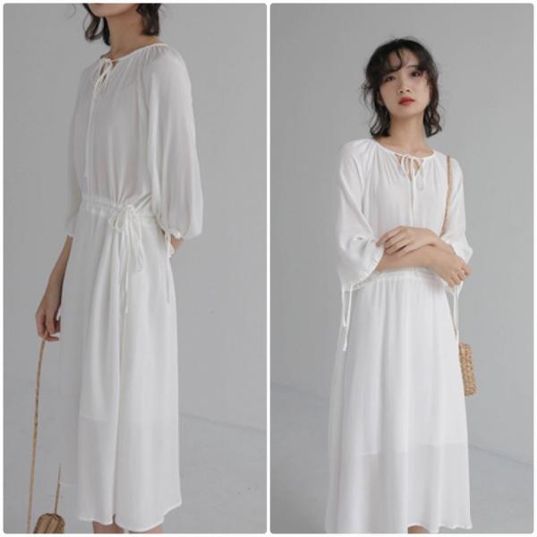 レディース ワンピース ミモレ丈 七分袖 パフスリーブ 春 夏 スカート カジュアル キュート 可愛い フェミニン きれいめ 上品 エレガント おしゃれ お出かけ お呼ばれ ホワイト ピンク パープル フリーサイズ 送料無料