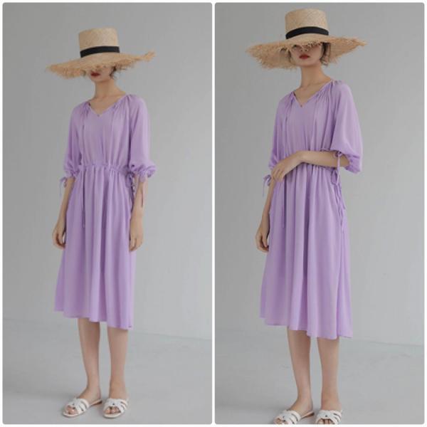 レディース ワンピース ミモレ丈 七分袖 パフスリーブ 春 夏 スカート カジュアル キュート 可愛い フェミニン きれいめ 上品 エレガント おしゃれ お出かけ お呼ばれ ホワイト ピンク パープル フリーサイズ 送料無料