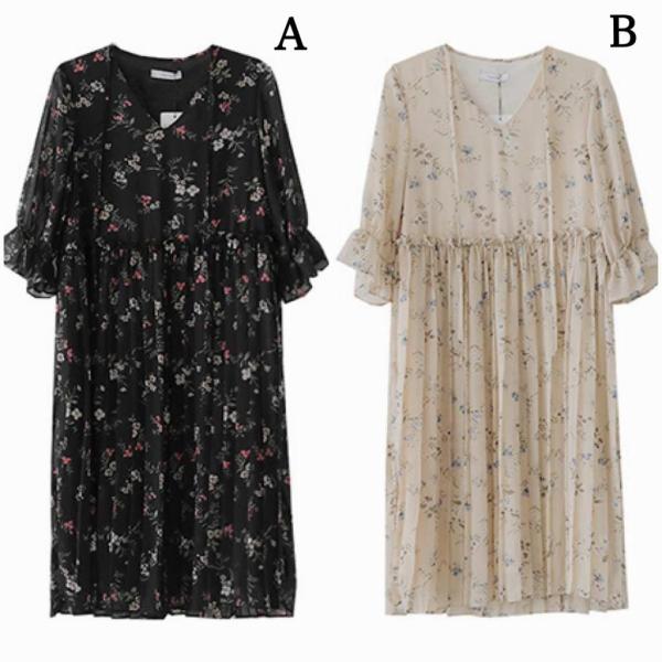 レディース ワンピース Vネック ミディ丈 フレアスリーブ 花柄 ボタニカル柄 五分袖 春 夏 スカート カジュアル キュート 可愛い フェミニン きれいめ 上品 エレガント おしゃれ お出かけ お呼ばれ ベージュ ブラック フリーサイズ 送料無料