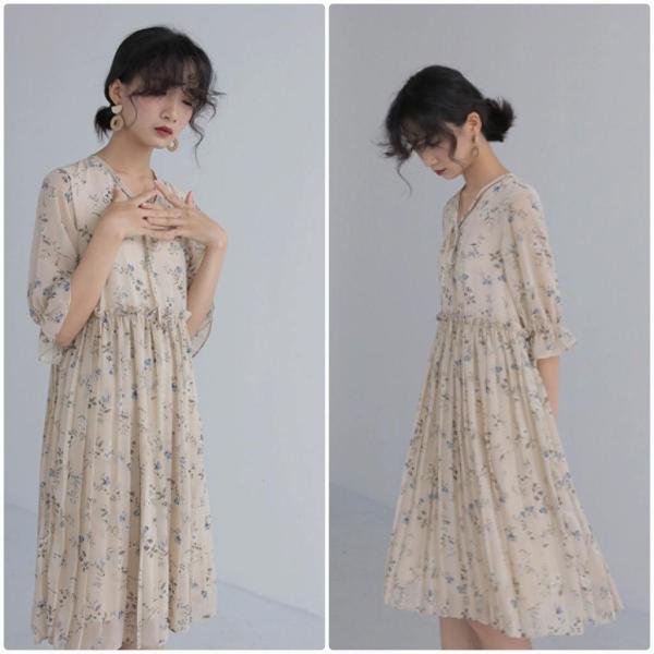 レディース ワンピース Vネック ミディ丈 フレアスリーブ 花柄 ボタニカル柄 五分袖 春 夏 スカート カジュアル キュート 可愛い フェミニン きれいめ 上品 エレガント おしゃれ お出かけ お呼ばれ ベージュ ブラック フリーサイズ 送料無料