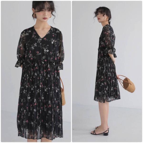 レディース ワンピース Vネック ミディ丈 フレアスリーブ 花柄 ボタニカル柄 五分袖 春 夏 スカート カジュアル キュート 可愛い フェミニン きれいめ 上品 エレガント おしゃれ お出かけ お呼ばれ ベージュ ブラック フリーサイズ 送料無料