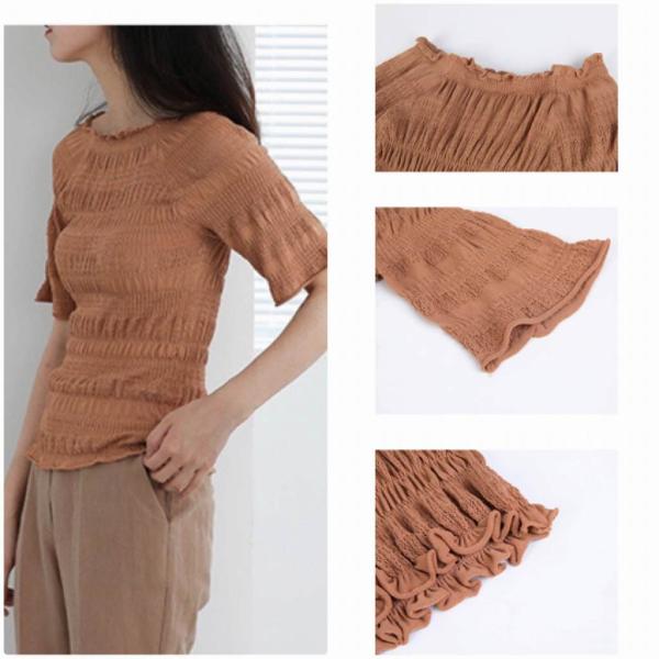 レディース カットソー ラウンドネック ニット セーター 半袖 タイト スリム トップス カジュアル キュート 大人 可愛い フェミニン おしゃれ お出かけ オフィス デイリー 普段着 ブラック ブラウン ベージュ ホワイト フリーサイズ 送料無料