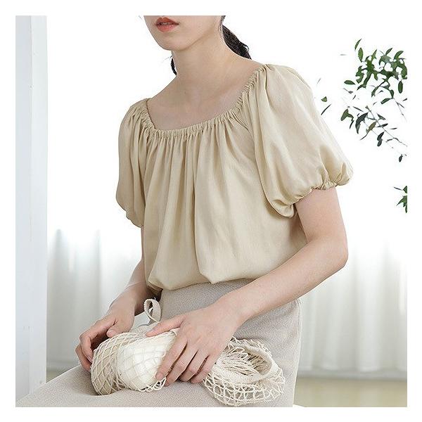 レディース トップス カットソー オフショルダー ゆったり 半袖 パフスリーブ バルーン 無地 カジュアル 大人可愛い フェミニン オフィス デイリー お出かけ デート ピンク イエロー ベージュ フリーサイズ 送料無料