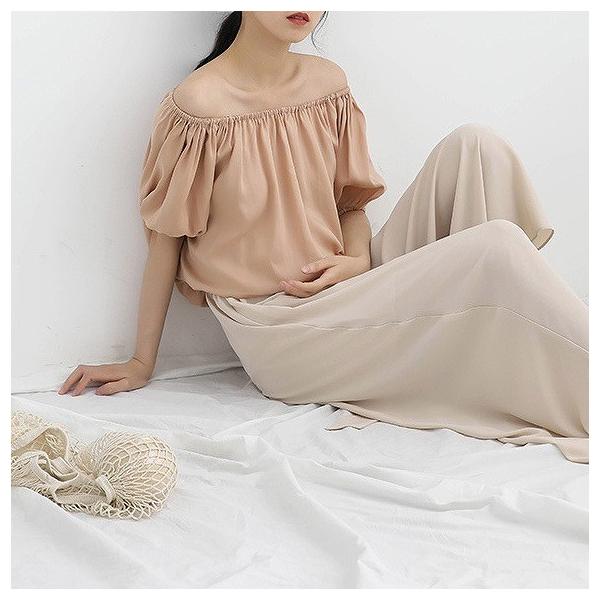 レディース トップス カットソー オフショルダー ゆったり 半袖 パフスリーブ バルーン 無地 カジュアル 大人可愛い フェミニン オフィス デイリー お出かけ デート ピンク イエロー ベージュ フリーサイズ 送料無料
