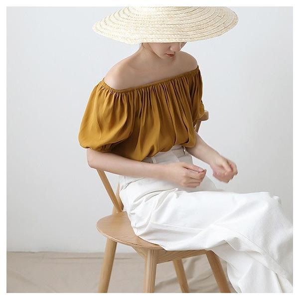 レディース トップス カットソー オフショルダー ゆったり 半袖 パフスリーブ バルーン 無地 カジュアル 大人可愛い フェミニン オフィス デイリー お出かけ デート ピンク イエロー ベージュ フリーサイズ 送料無料